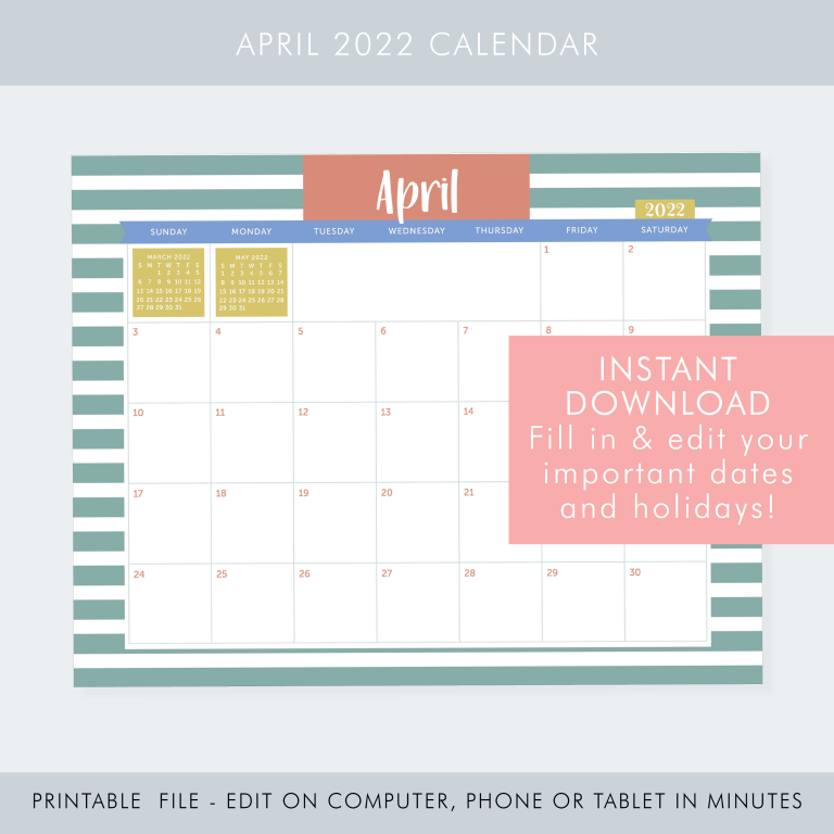 April 2022 Printable Editable Calendar